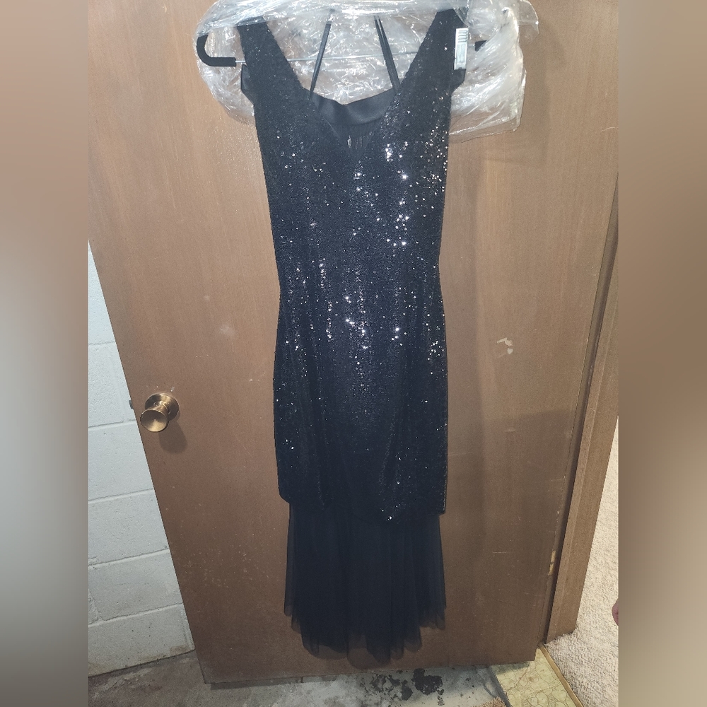 Allure Bridals black sequin knee-length bridesmaid dress with chiffon skirt